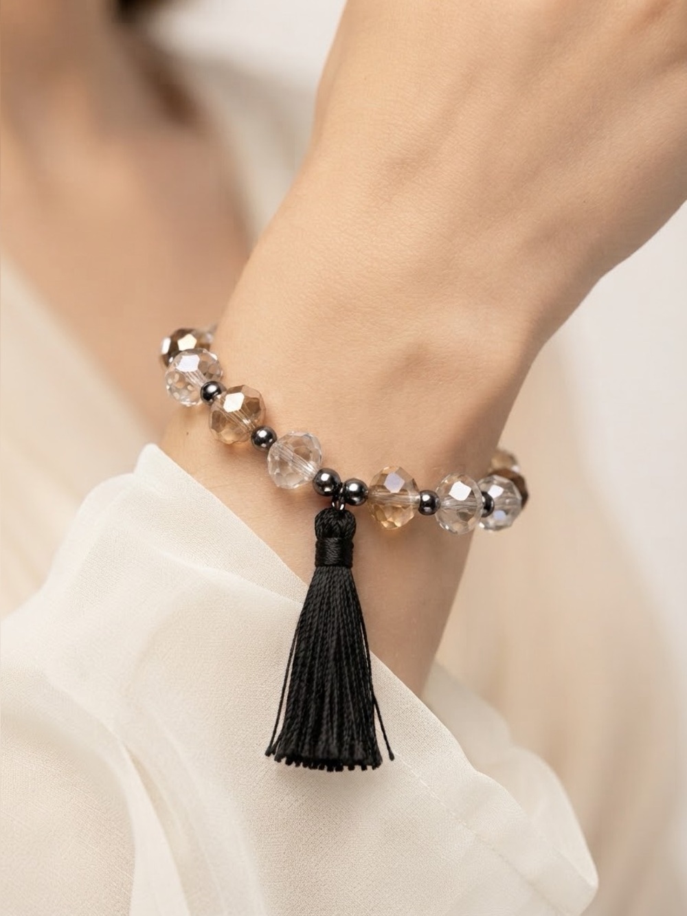 Crystal Beaded Stretch Bracelet | Champagne Smoky Gray Bronze Black Tassel